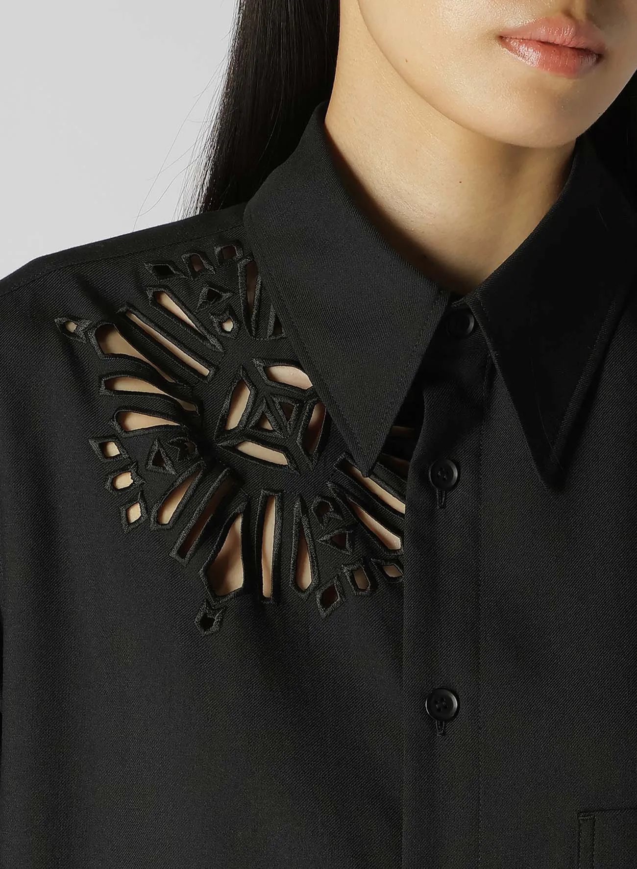 WOOL POLYESTER GABARDINE LEFT FRONT DRAPED DRESS SHIRT
