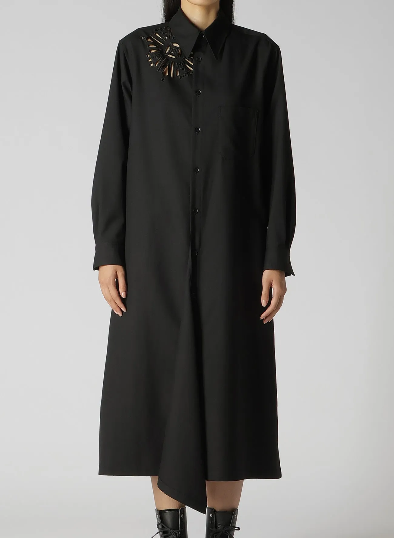 WOOL POLYESTER GABARDINE LEFT FRONT DRAPED DRESS SHIRT